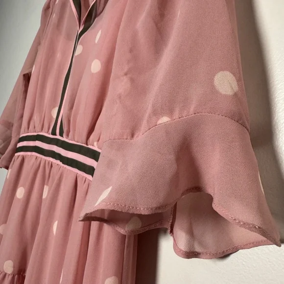 Gal Meets Glam Finely Polka Dot Tiered Midi Pink Dress Women's 4 Petite - Picture 6 of 16